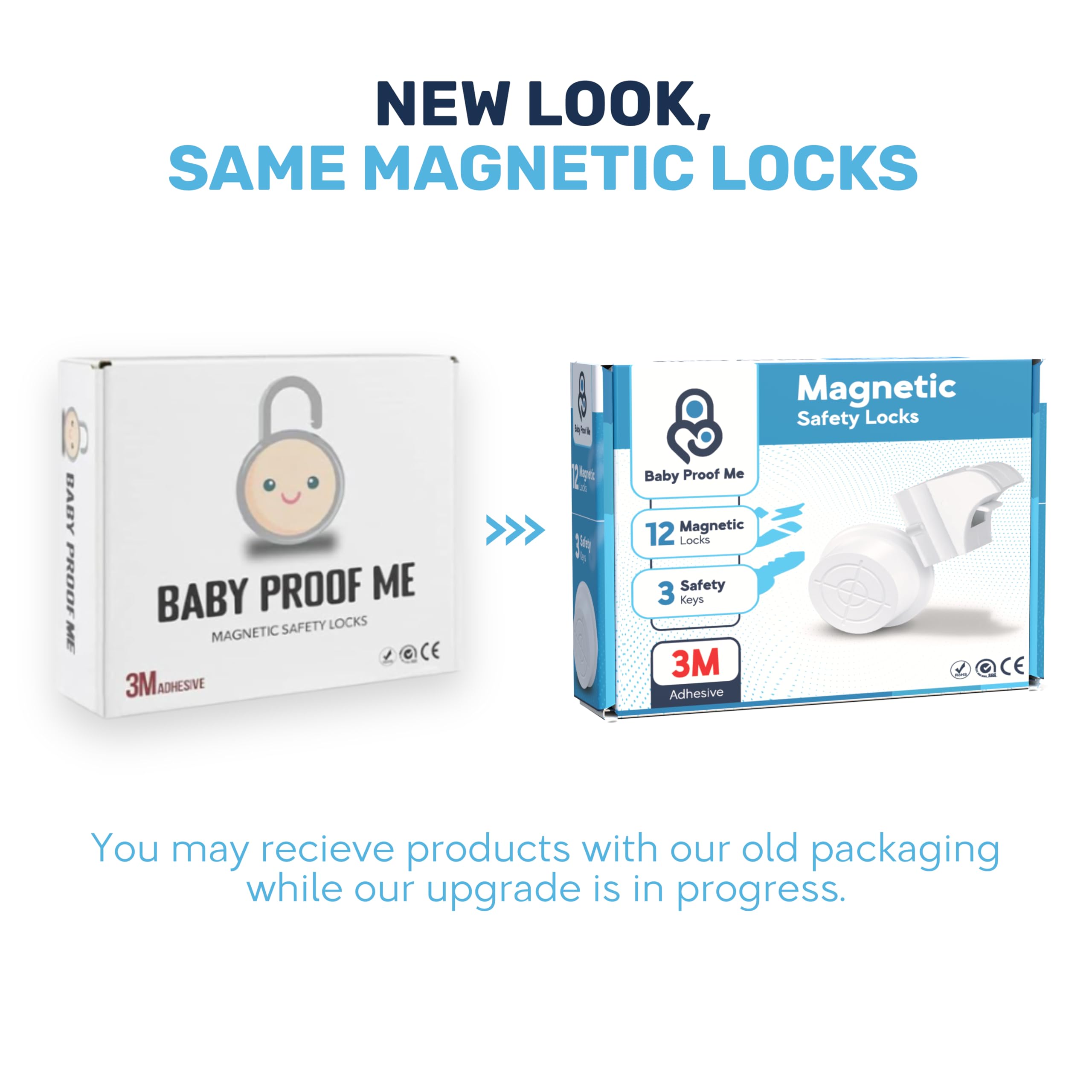 Baby Proof Me magnetic cabinet locks with keys close-up highlights 3-key set for access control