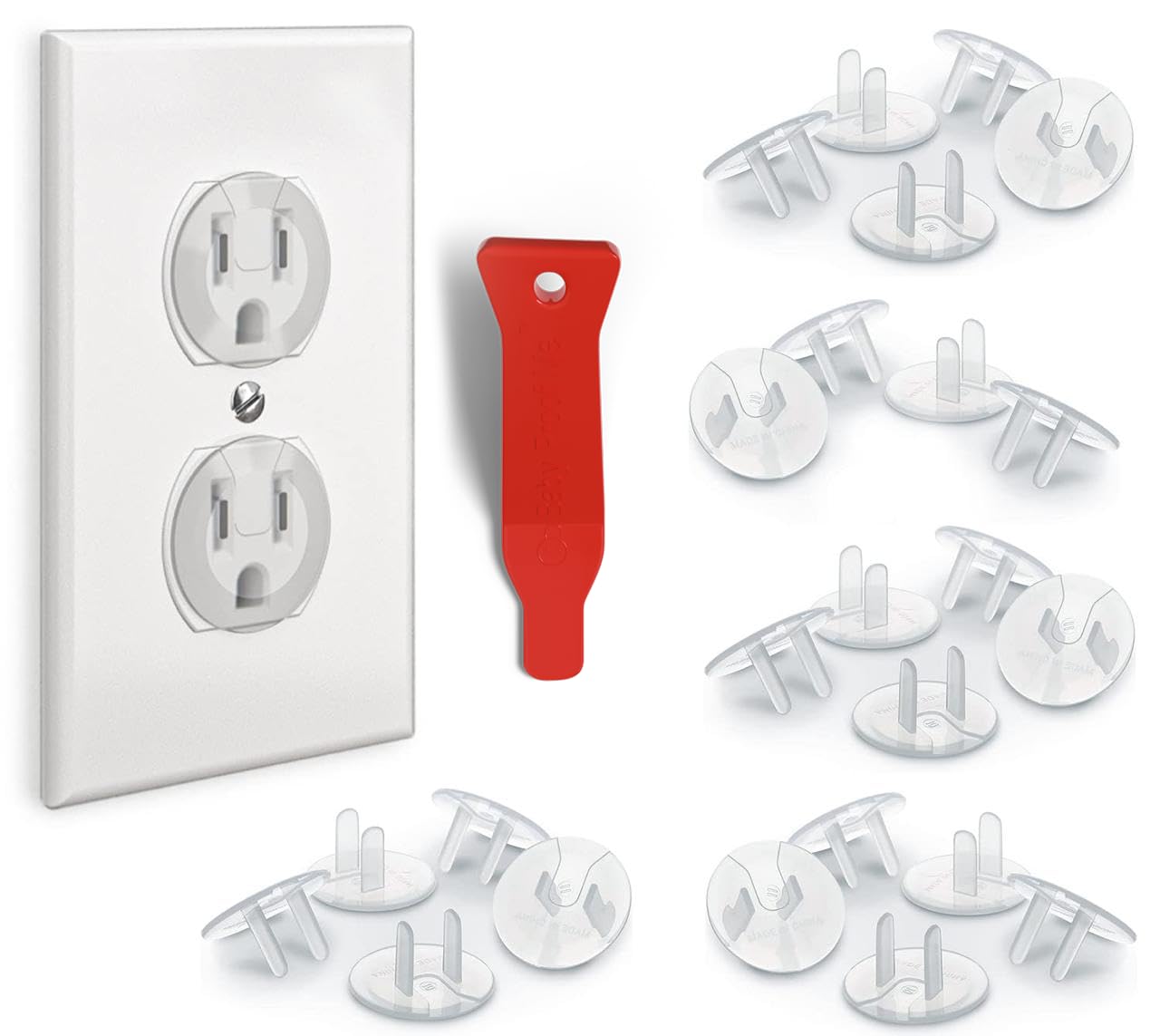 Baby Proof Me outlet covers in a 24-pack protect children around live sockets with easy installation.