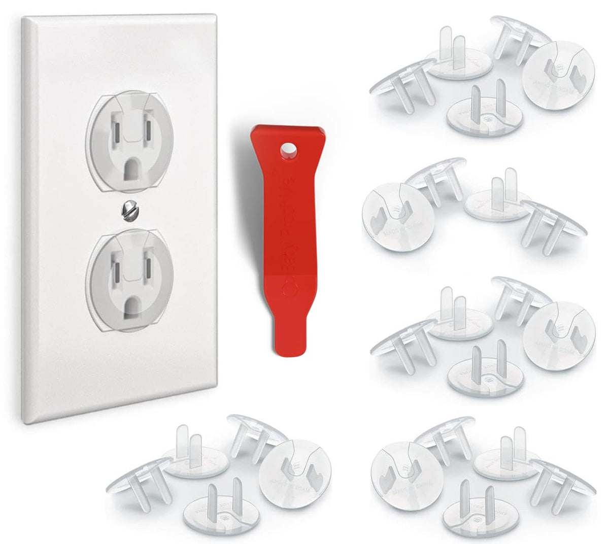 Baby Proof Me outlet covers in a 24-pack protect children around live sockets with easy installation.