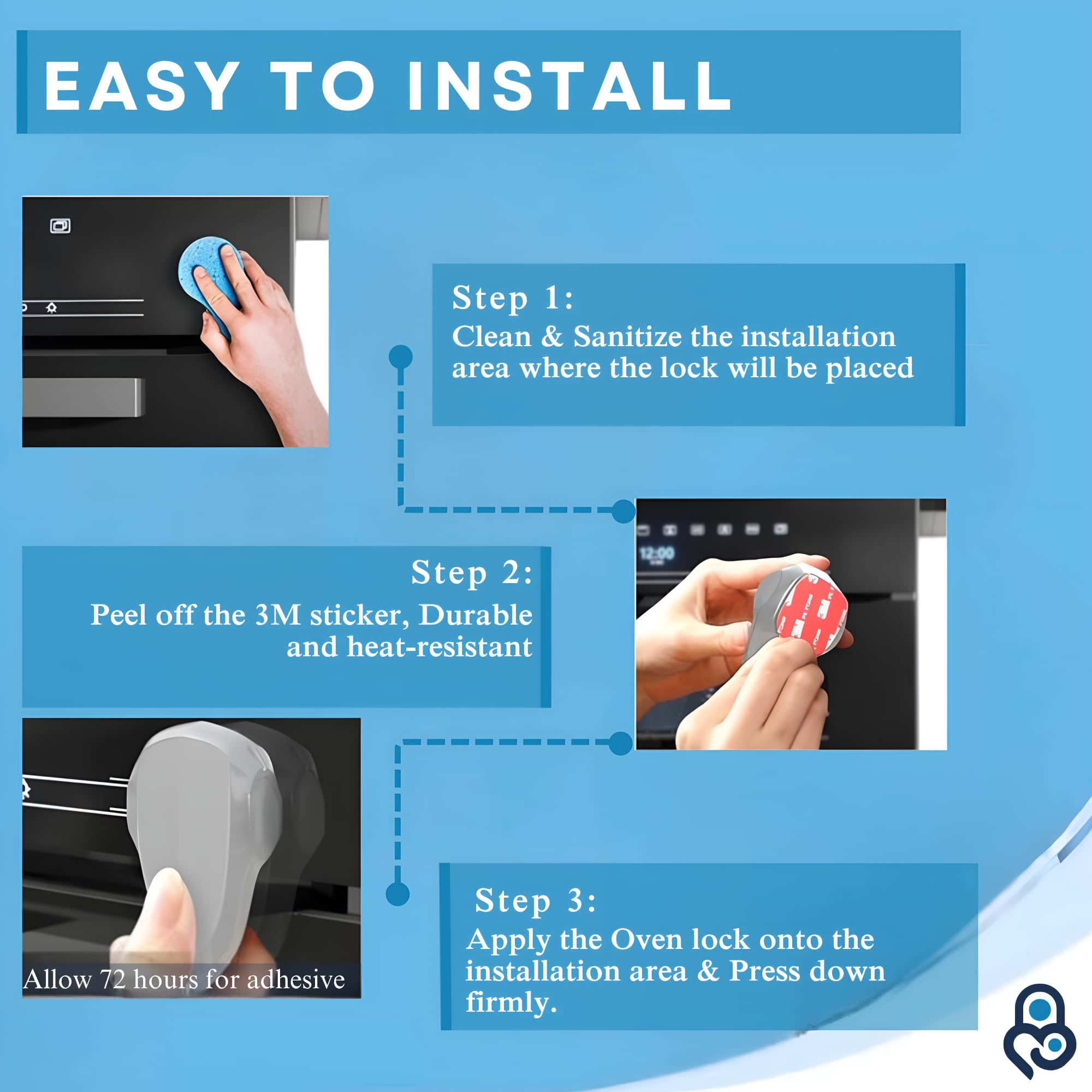Baby Proof Me oven lock 180-degree swivel for flexible storage.