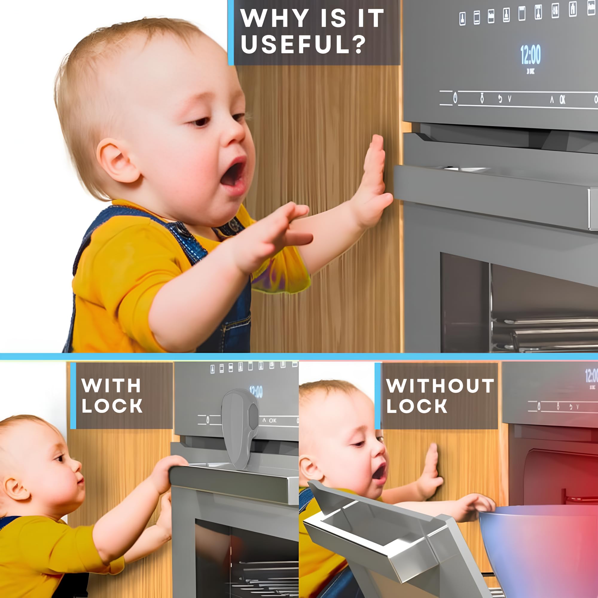 Baby Proof Me oven lock in use during cooking with a toddler nearby.