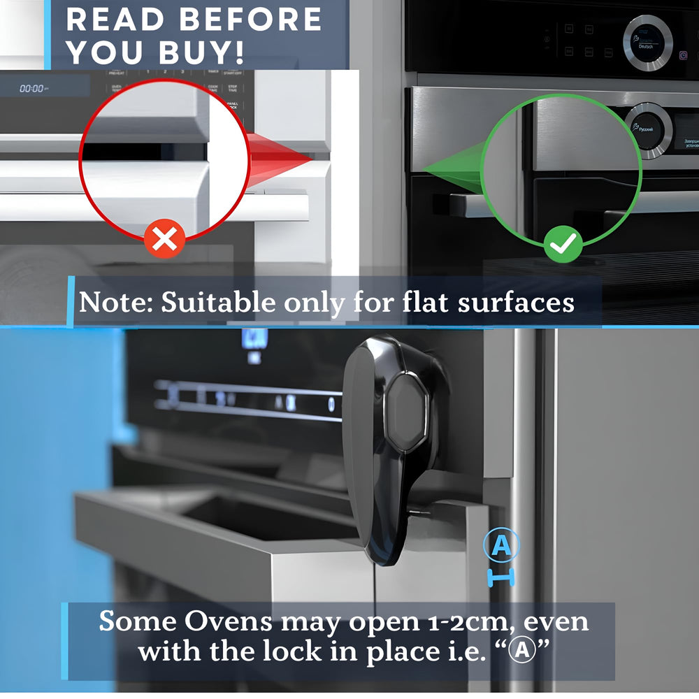 Baby Proof Me oven lock side installation shows tool-free setup.