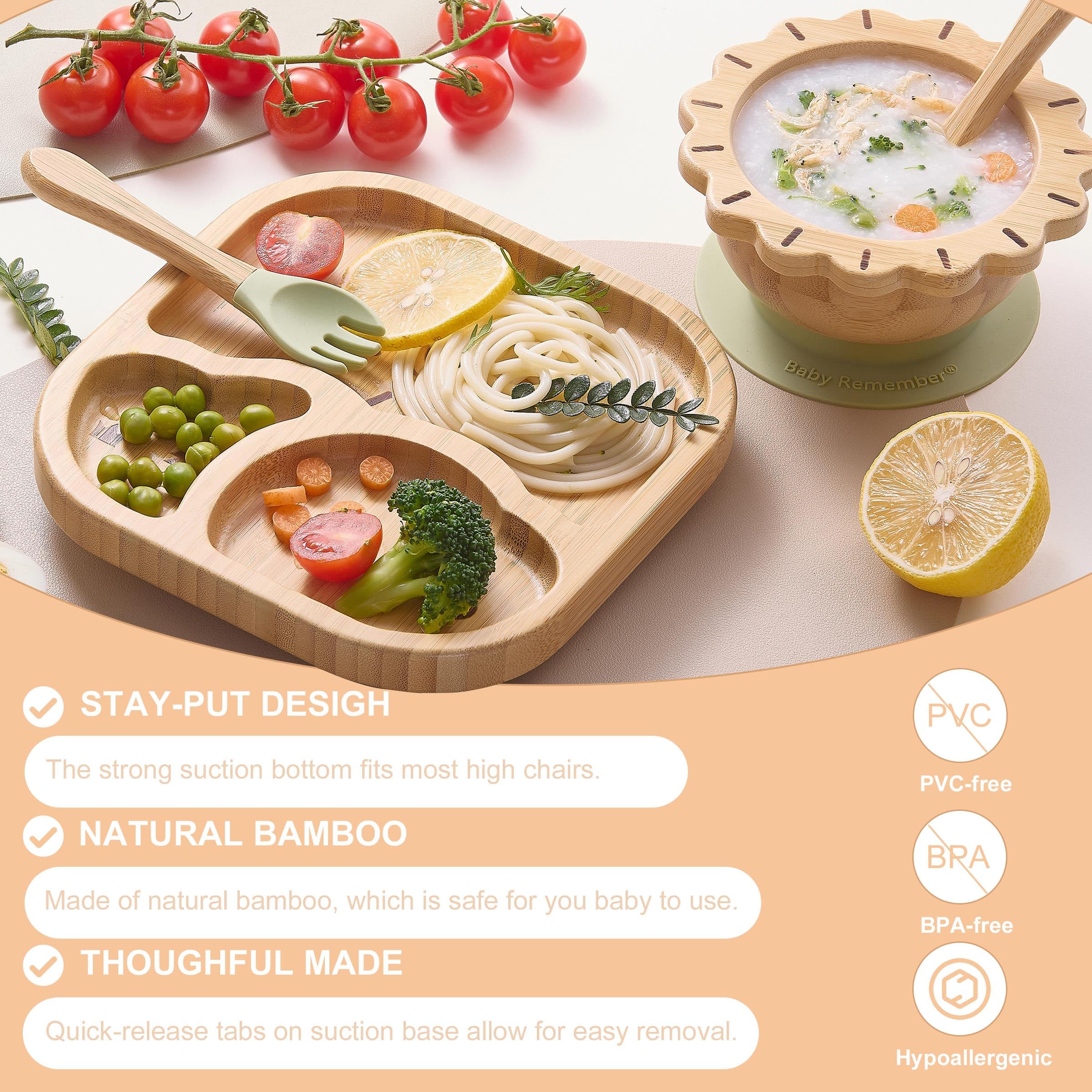 BABY REMEMBER self-feeding set includes suction bowl and plate.