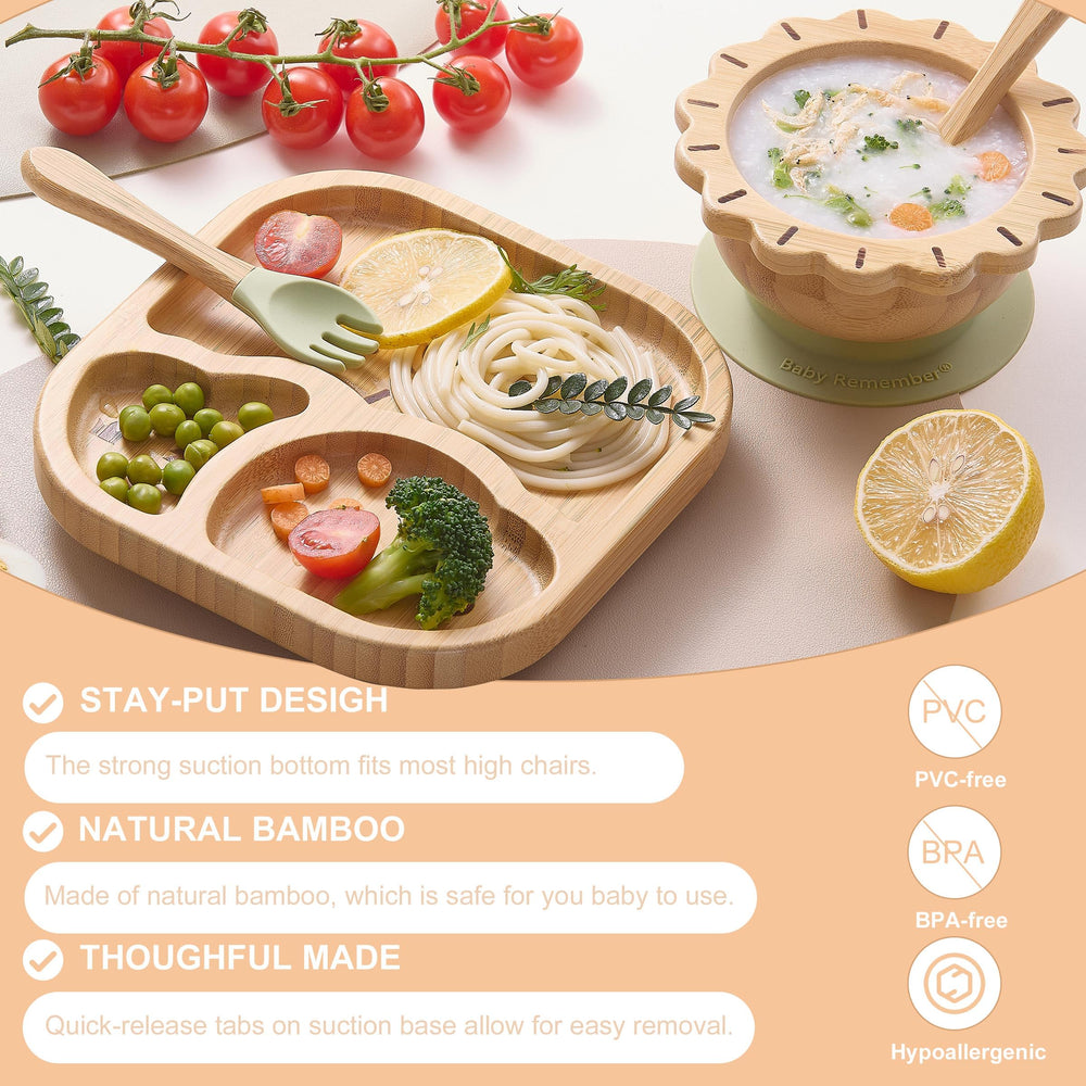 BABY REMEMBER self-feeding set includes suction bowl and plate.