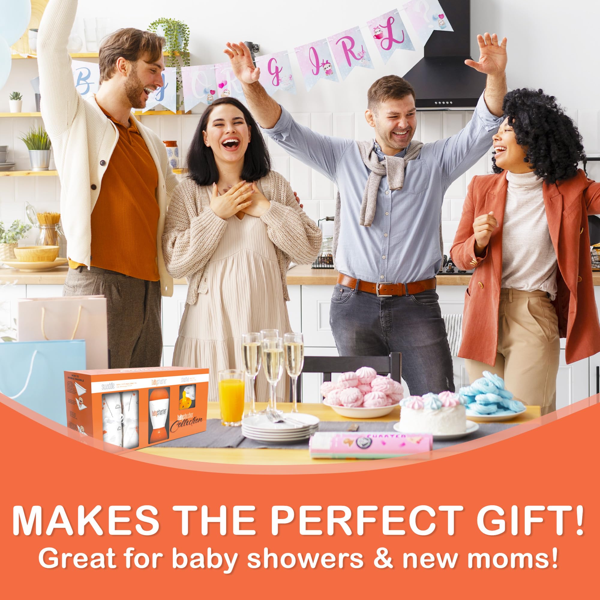 Baby Shusher gift set packaging display; soothing essentials for new parents.