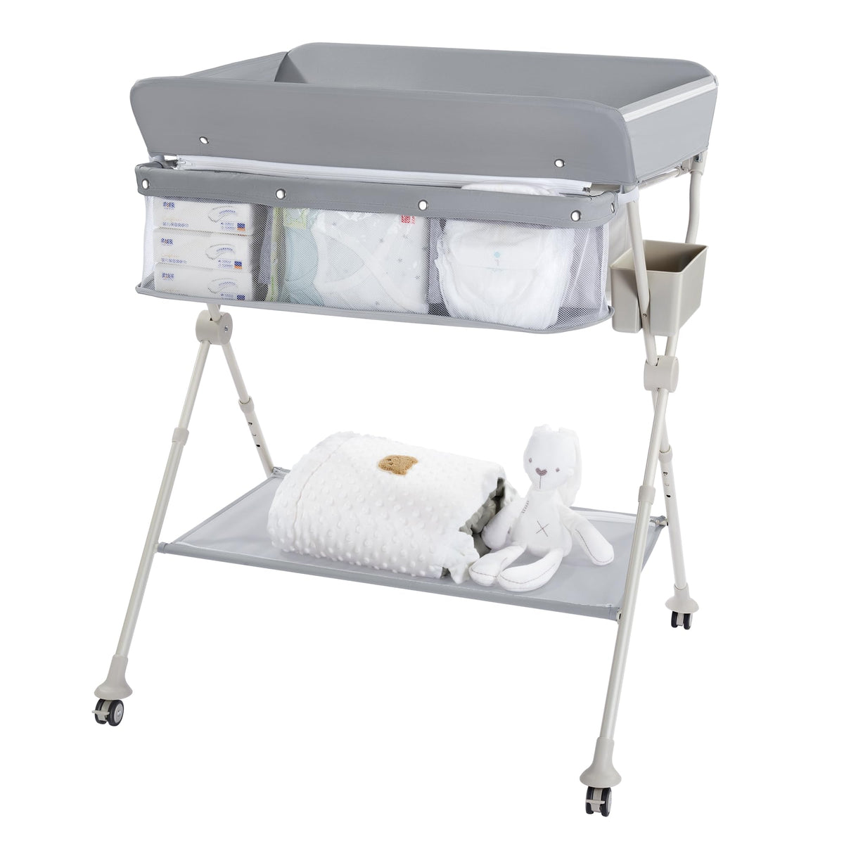 Baby Skye diaper changing table with wheels enables easy bedside changes.