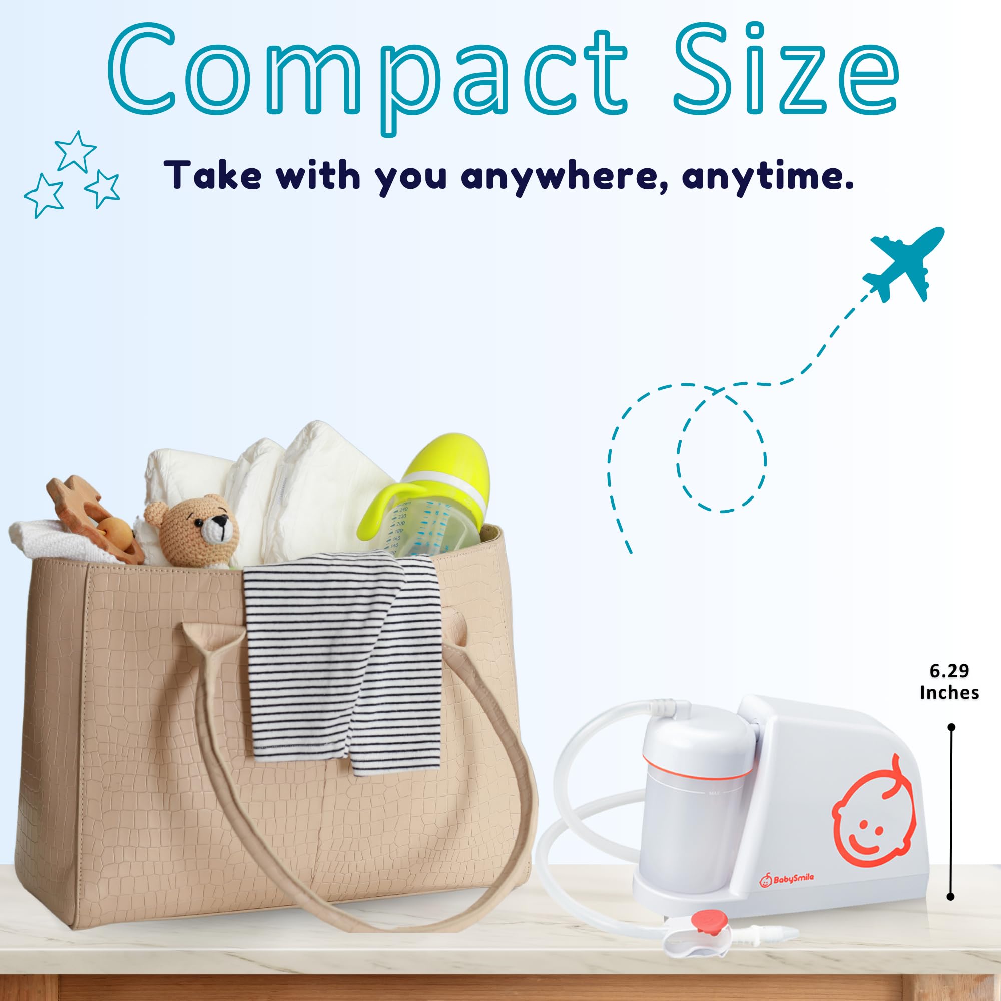 BabySmile nasal aspirator operates quietly to soothe a fussy baby.