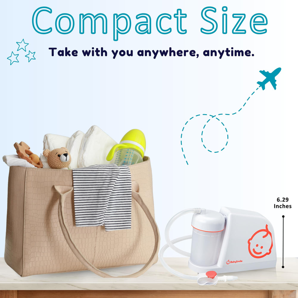 BabySmile nasal aspirator operates quietly to soothe a fussy baby.