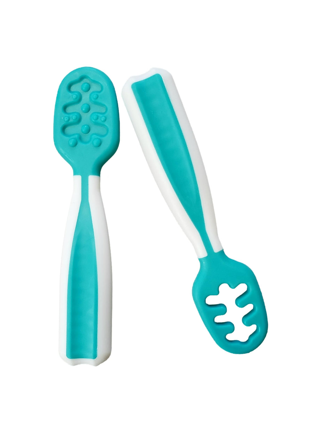 Baby Spoons silicone pre-spoons teal white for safe self-feeding at 6+ months