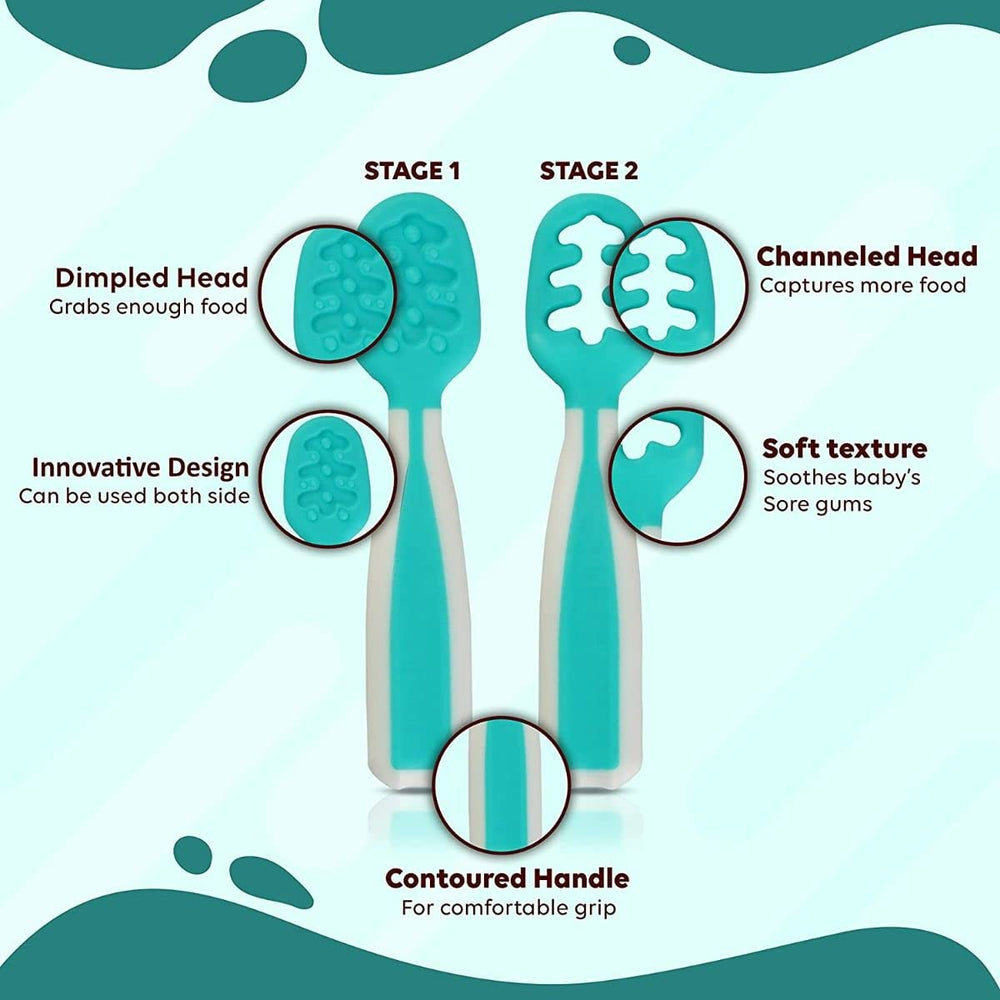 Baby Spoons silicone-pre spoons teal white with textured ends for teething relief