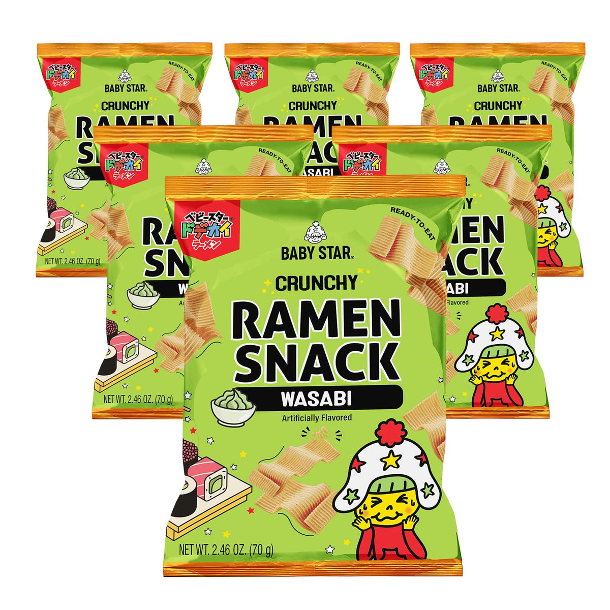 Baby Star Wasabi Wide Snack closeup showcasing bold flavor and satisfying crunch for snacking.