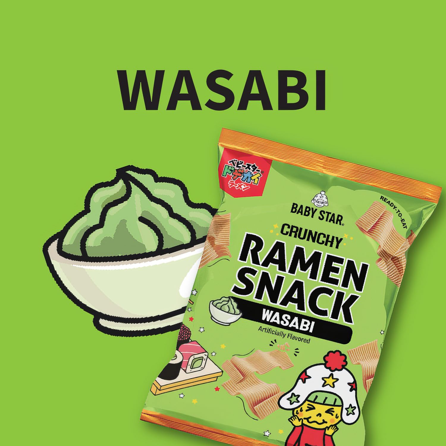 Baby Star Wasabi Wide Snack crunchy ramen textures ready for dips and bites.