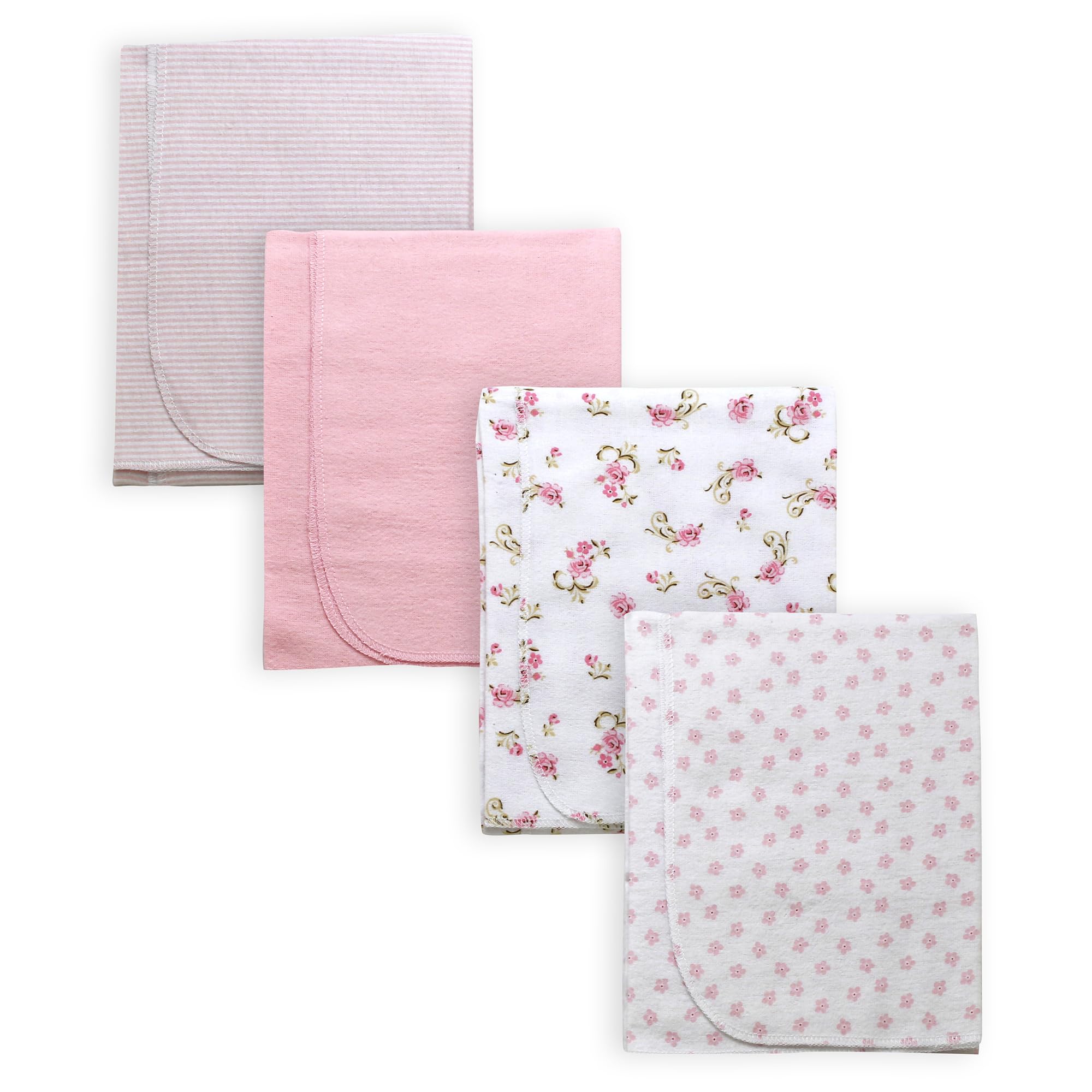 Baby Starters rose-print flannel blankets show soft texture ideal for swaddling and cuddling.