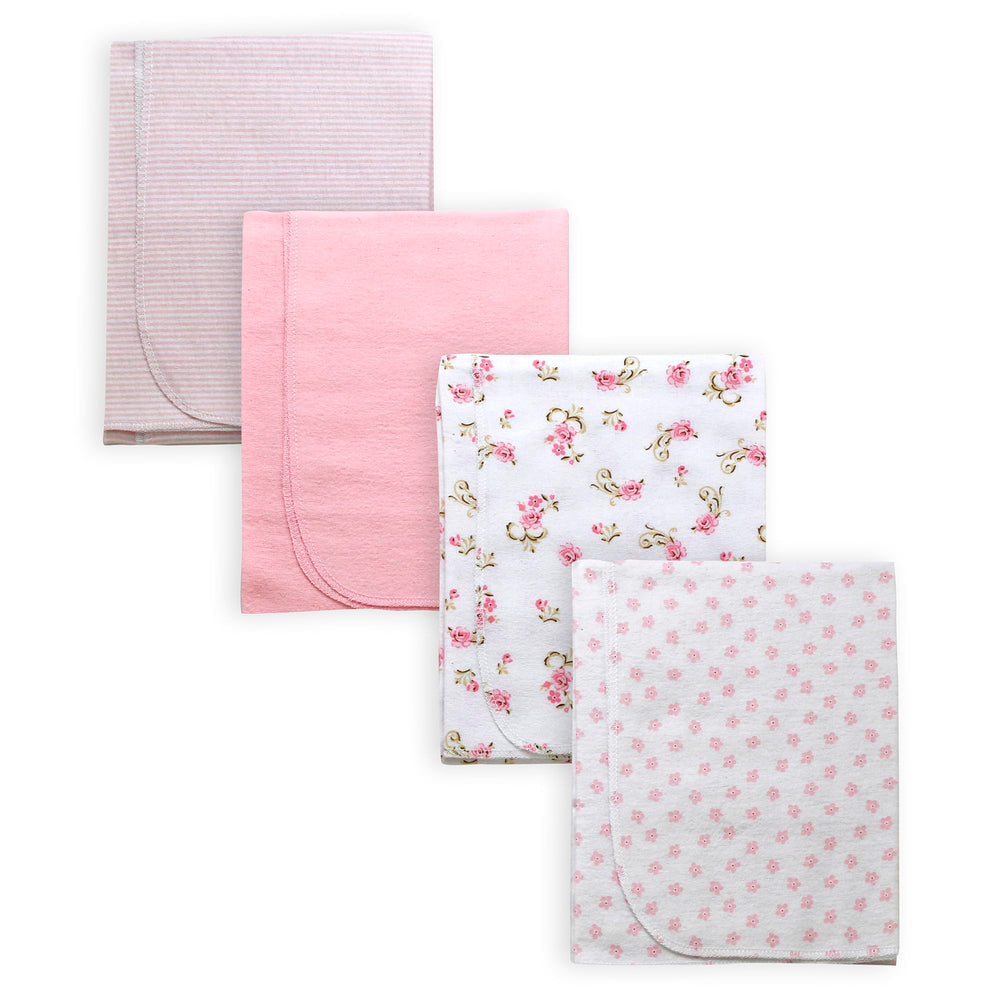 Baby Starters rose-print flannel blankets show soft texture ideal for swaddling and cuddling.
