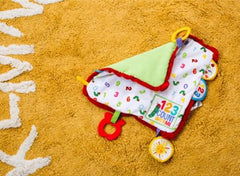 Very Hungry Caterpillar blanket travel clip attached to stroller for on-the-go fun