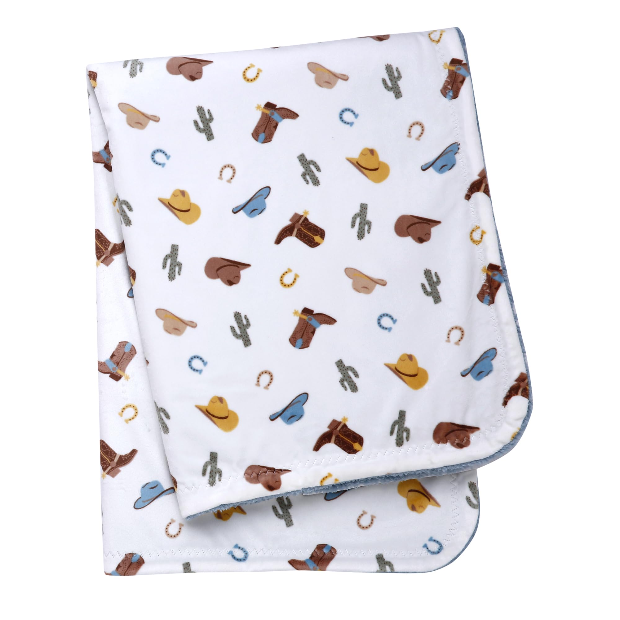 Baby Starters western ranch print blanket with cowboy hats and horseshoes for stylish nursery decor.