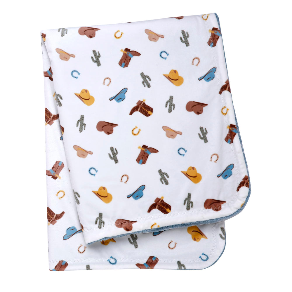 Baby Starters western ranch print blanket with cowboy hats and horseshoes for stylish nursery decor.