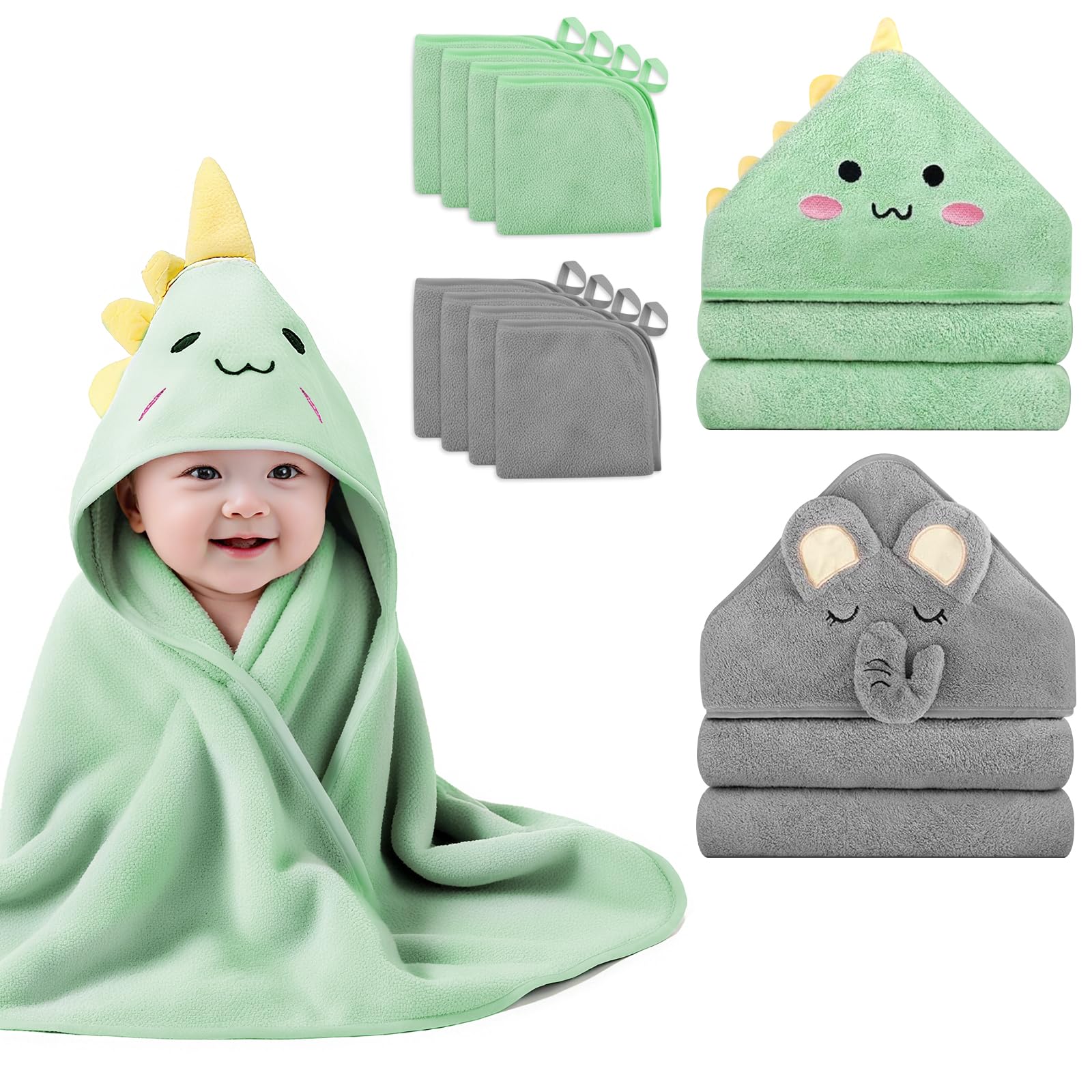 Baby towels set hooded gray elephant shows cozy bath time for babies.