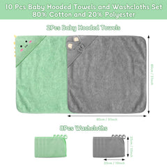 Baby towels set hooded green dinosaur adds playful design to bath routine.
