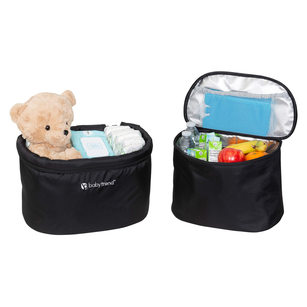 Baby Trend Stroller Wagon Deluxe Storage Basket flipped to the side for easy access.