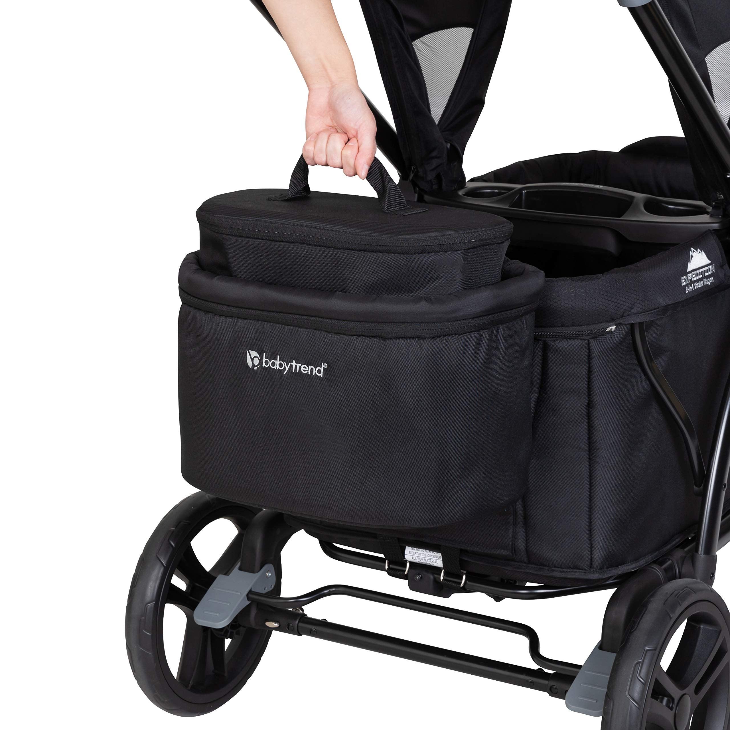 Baby Trend Stroller Wagon Deluxe Storage Basket side view shows cooler for cold beverages.