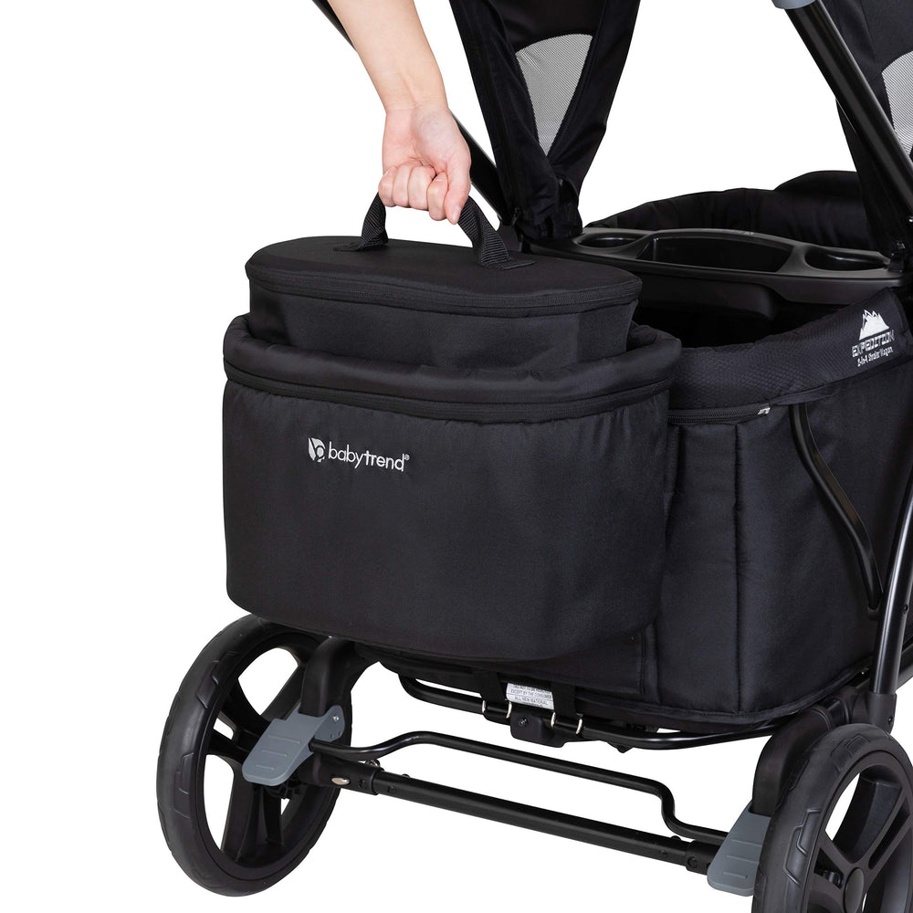 Baby Trend Stroller Wagon Deluxe Storage Basket side view shows cooler for cold beverages.