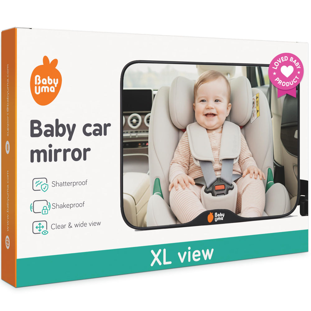 Baby Uma Baby Car Mirror backseat view helps parents monitor rear-facing infants on the go