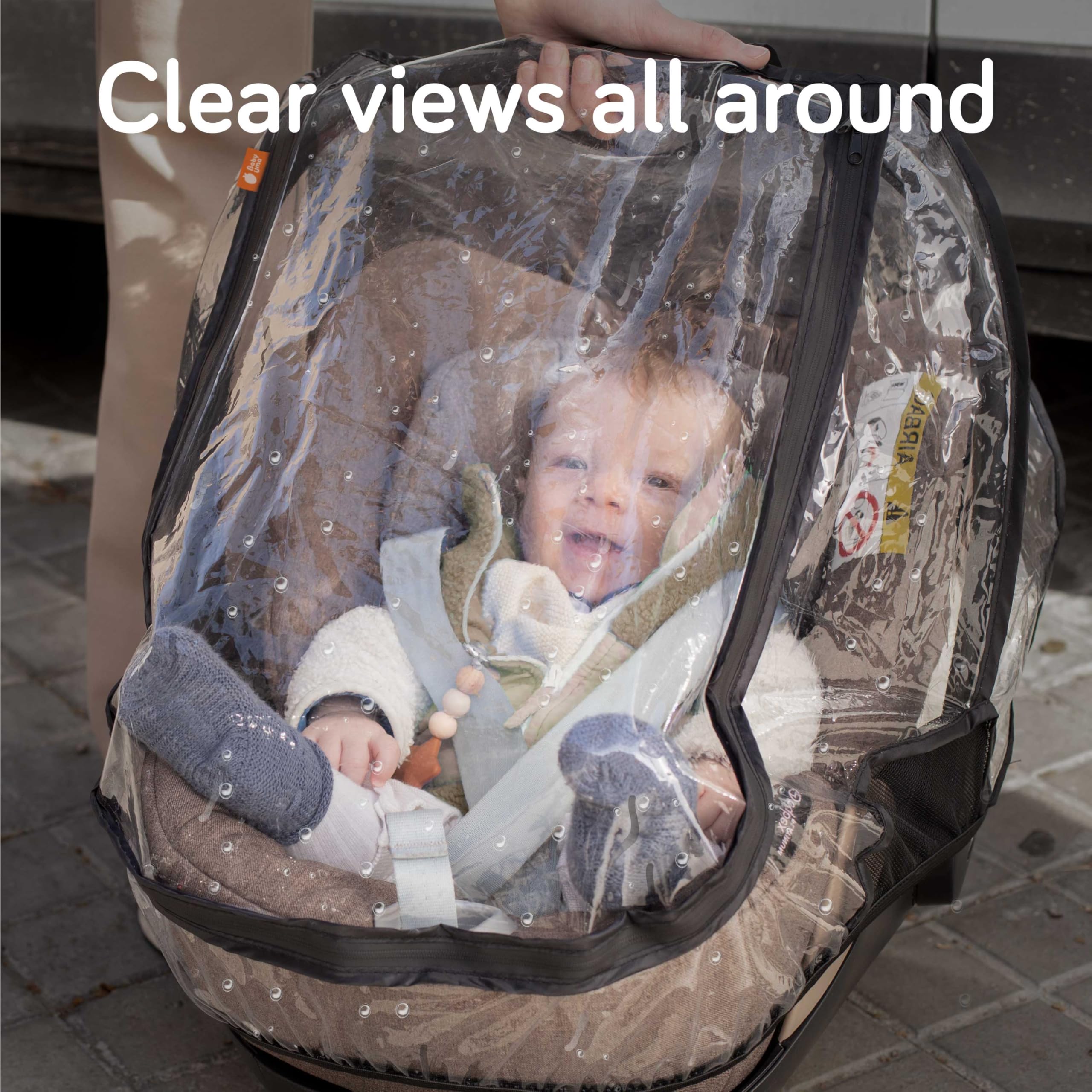 Baby Uma car seat cover easy-on/off for quick setup.