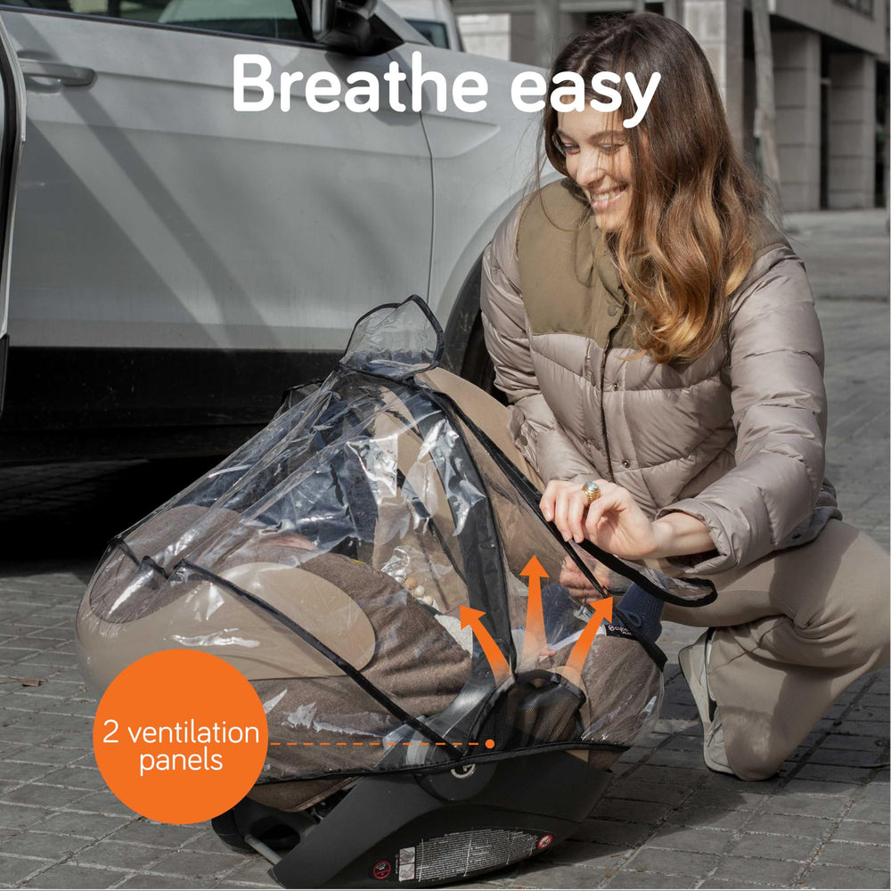Baby Uma car seat rain cover with travel bag for portability.