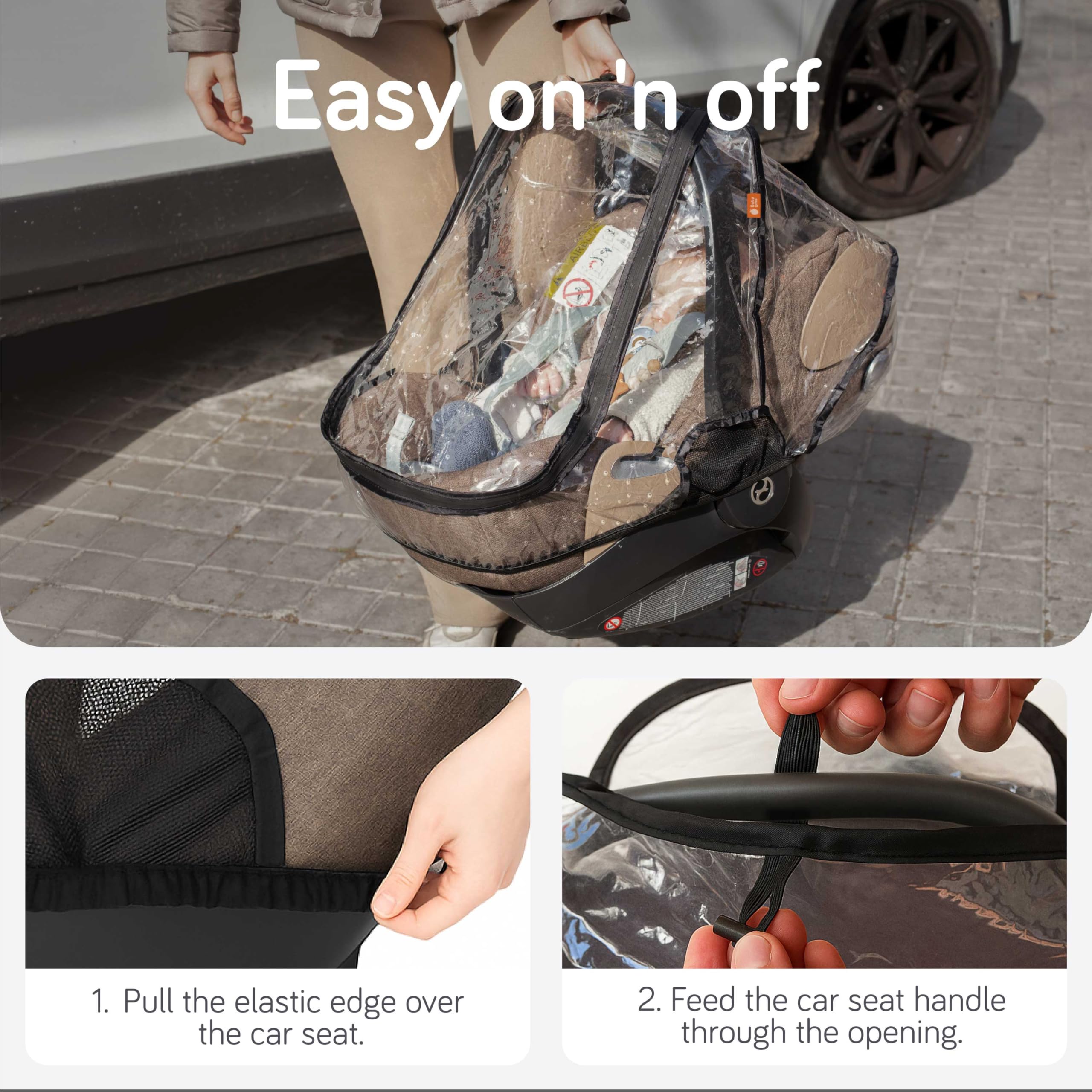 Baby Uma car seat cover with zip-up window for quick access.