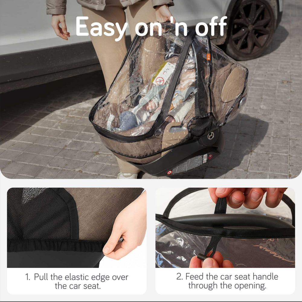Baby Uma car seat cover with zip-up window for quick access.