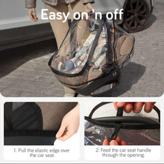 Baby Uma car seat cover with zip-up window for quick access.