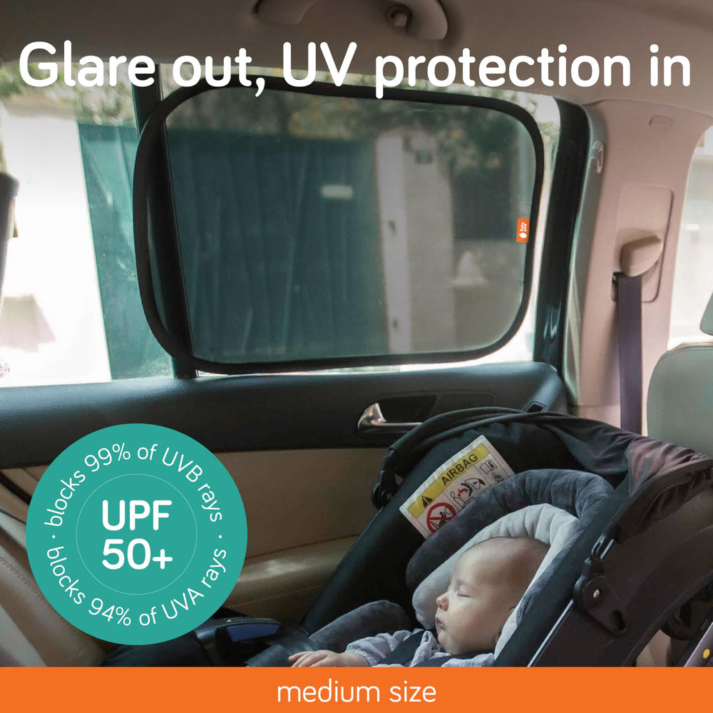 Baby Uma car window shades coverage on a window with UPF 50+ protection.