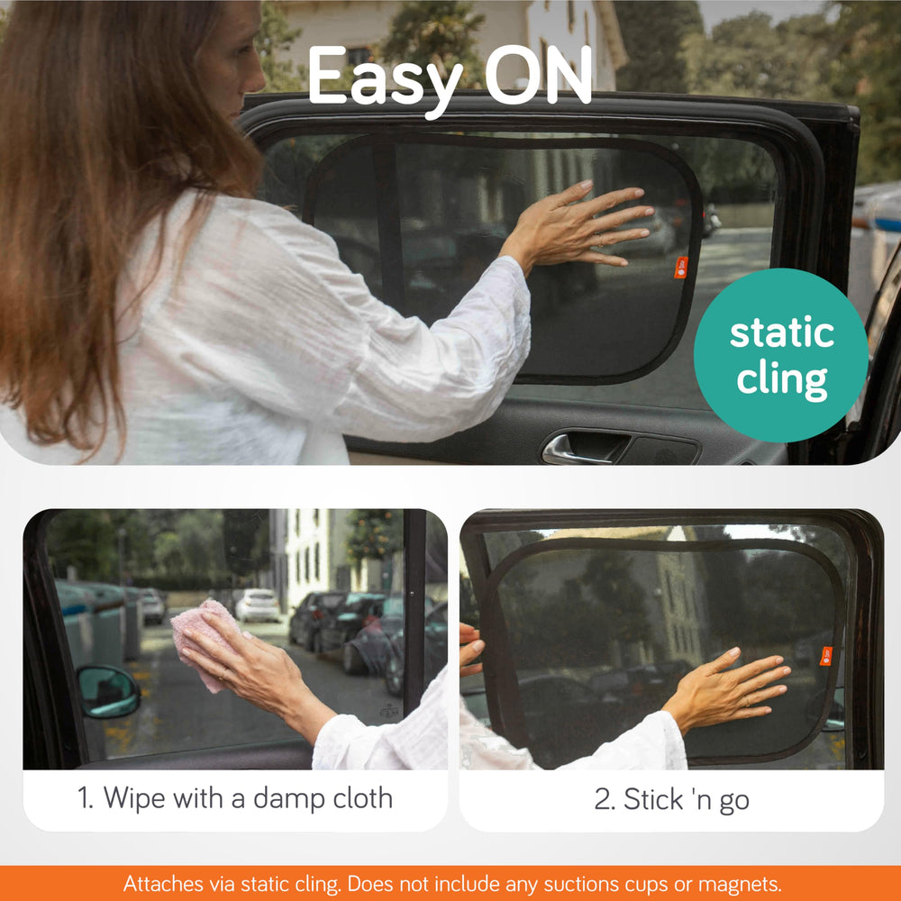 Baby Uma car window shades create a private, shaded interior during sunny trips.