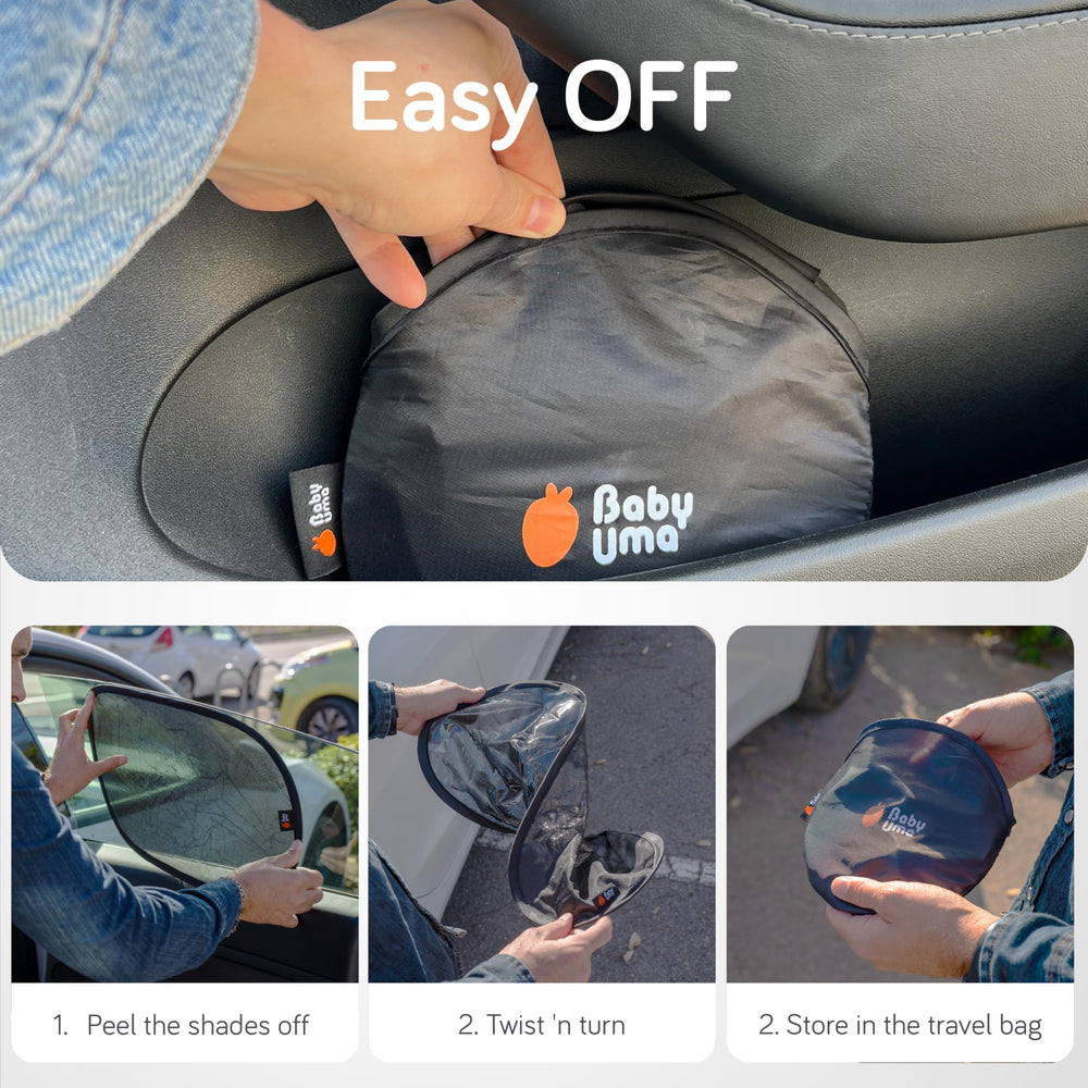 Baby Uma car window shades demonstrate compact travel pouch storage.