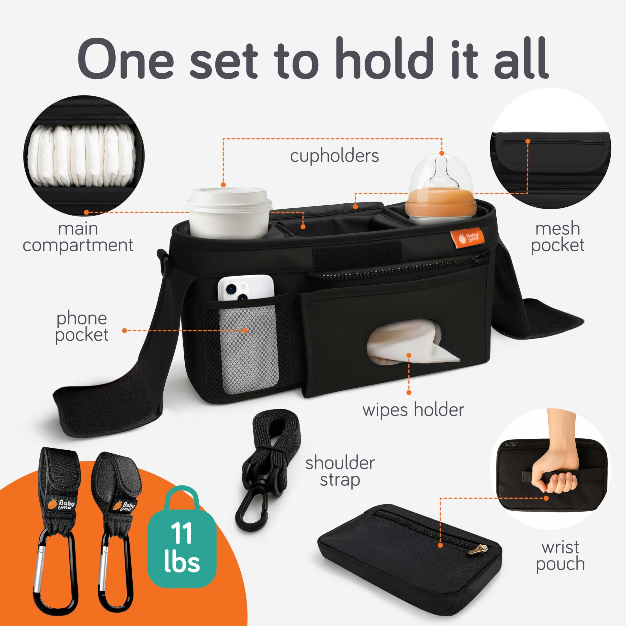 Baby Uma phone pocket provides quick access for calls and photos.