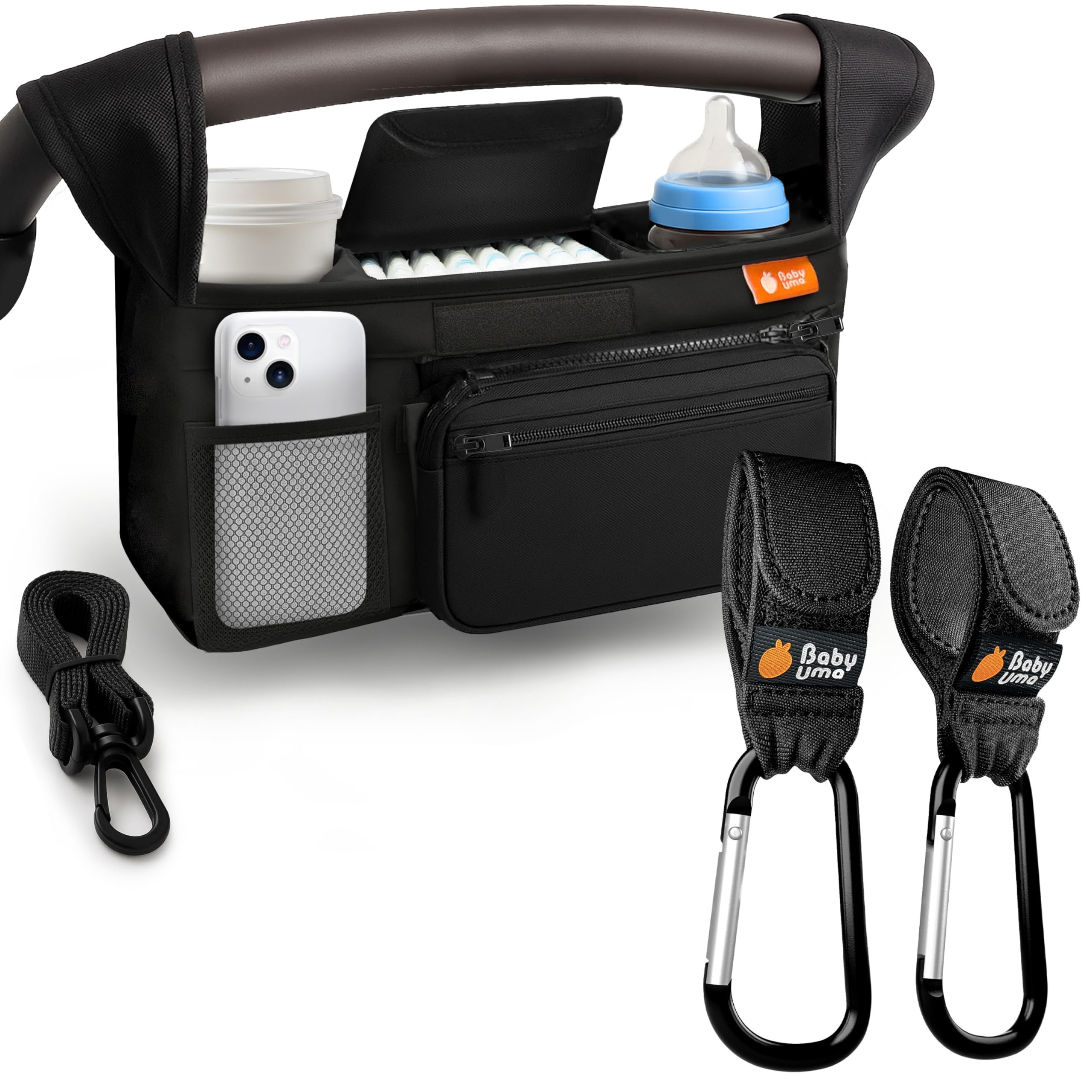 Baby Uma stroller caddy main compartment keeps essentials organized on walks.