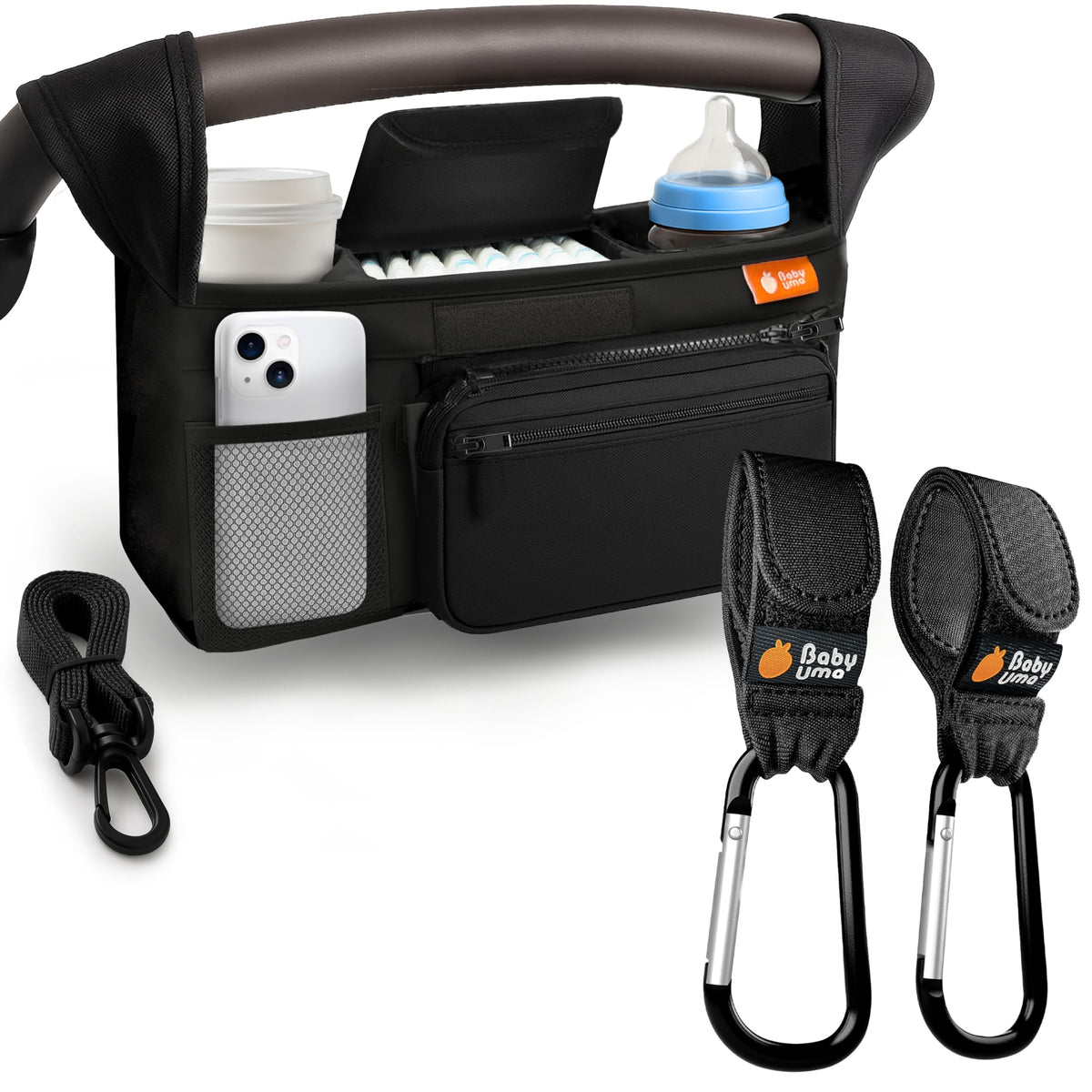 Baby Uma stroller caddy main compartment keeps essentials organized on walks.
