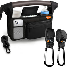 Baby Uma stroller caddy main compartment keeps essentials organized on walks.
