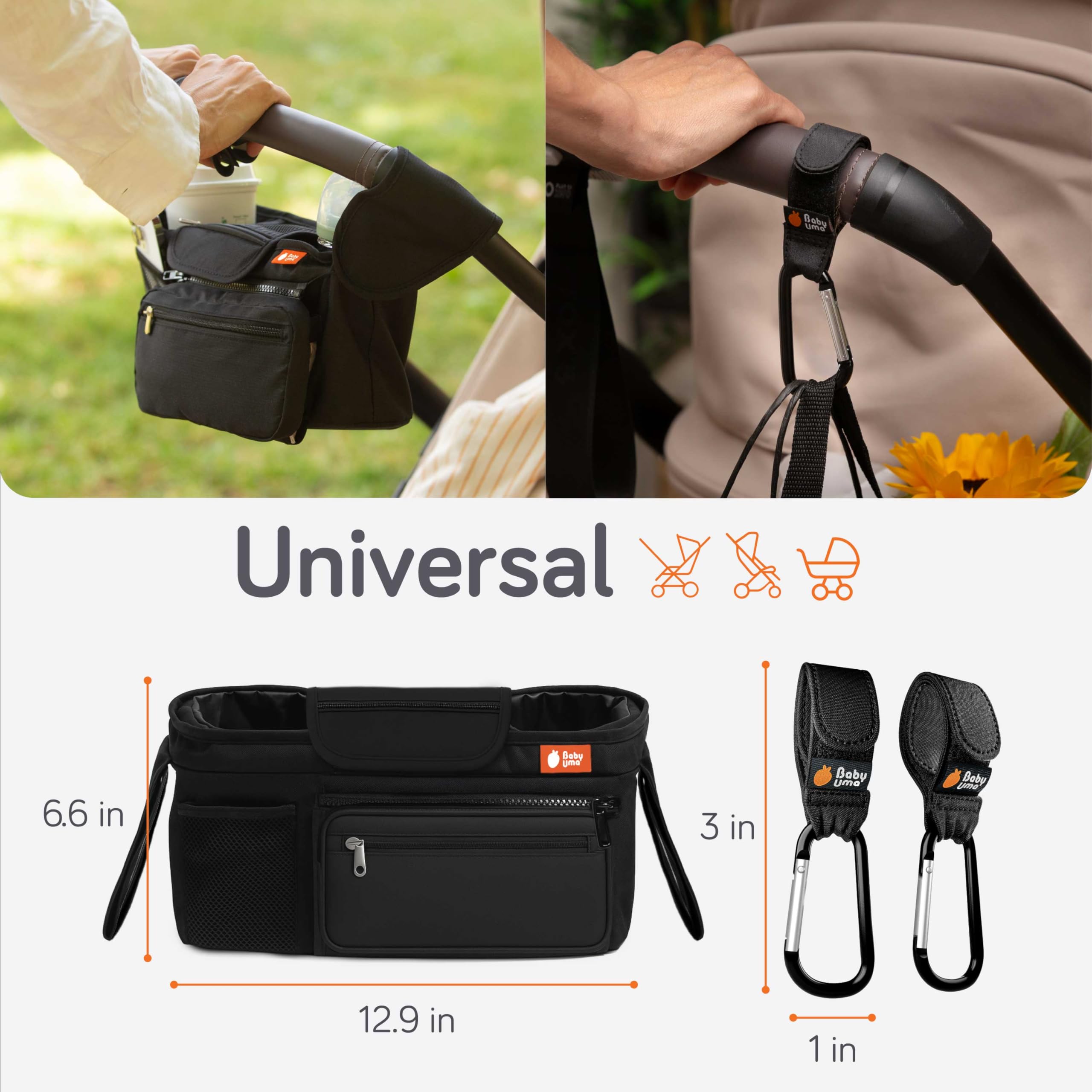 Baby Uma zip-off wrist bag offers off-stroller convenience and hands-free carrying.