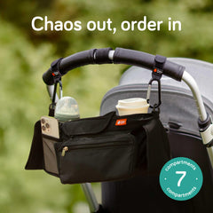 Baby Uma stroller caddy with XL insulated cupholders keeps drinks ready.