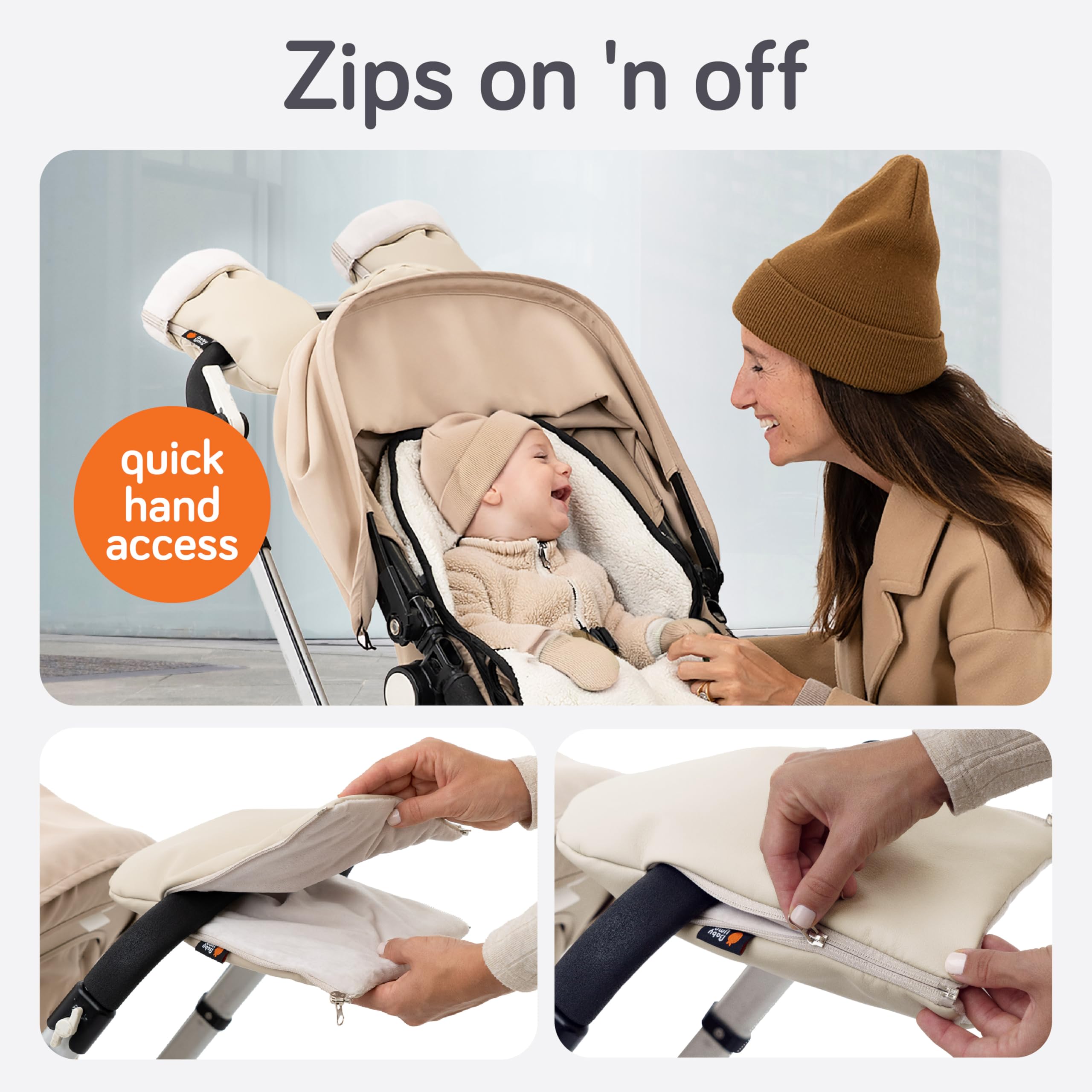 Baby Uma universal-fit mittens attach to most strollers for easy setup.