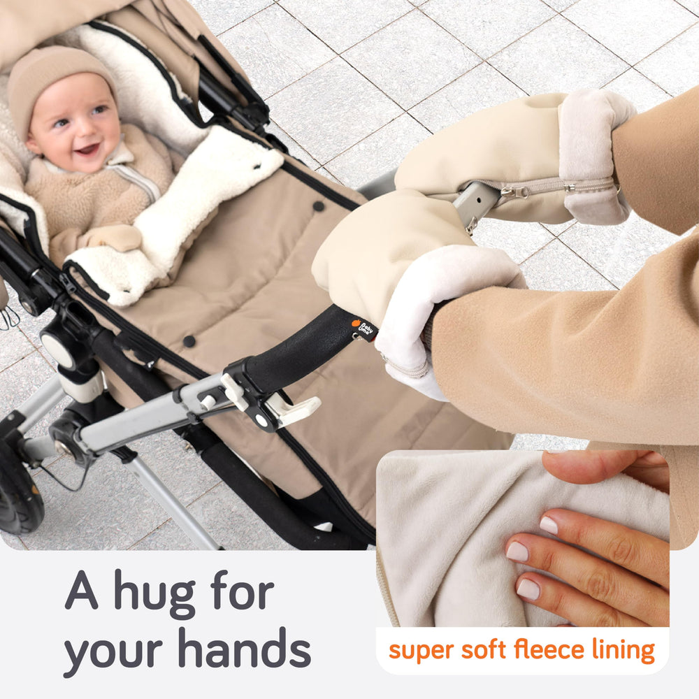 Baby Uma water-resistant faux-leather exterior shields hands in rain or snow.