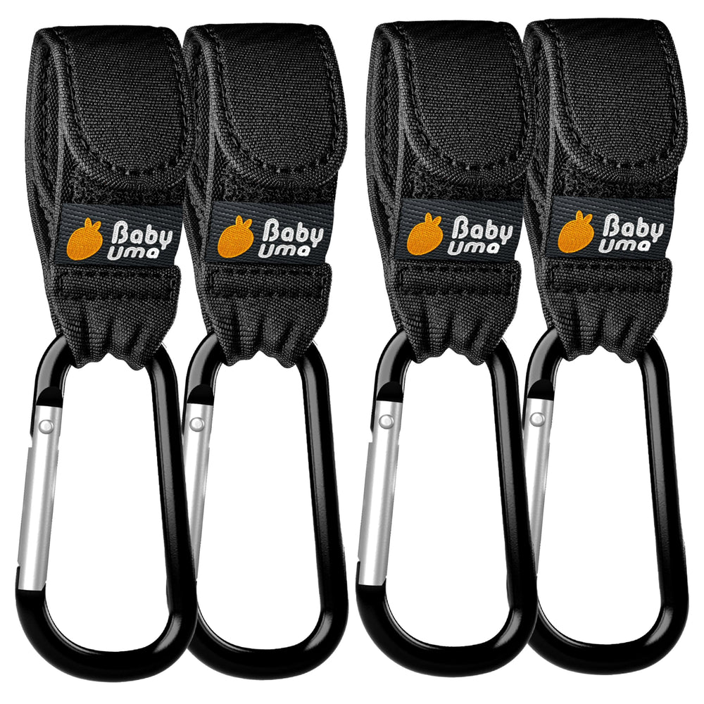 Baby Uma stroller hooks 4-pack shown for hands-free shopping convenience.