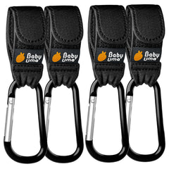 Baby Uma stroller hooks 4-pack shown for hands-free shopping convenience.