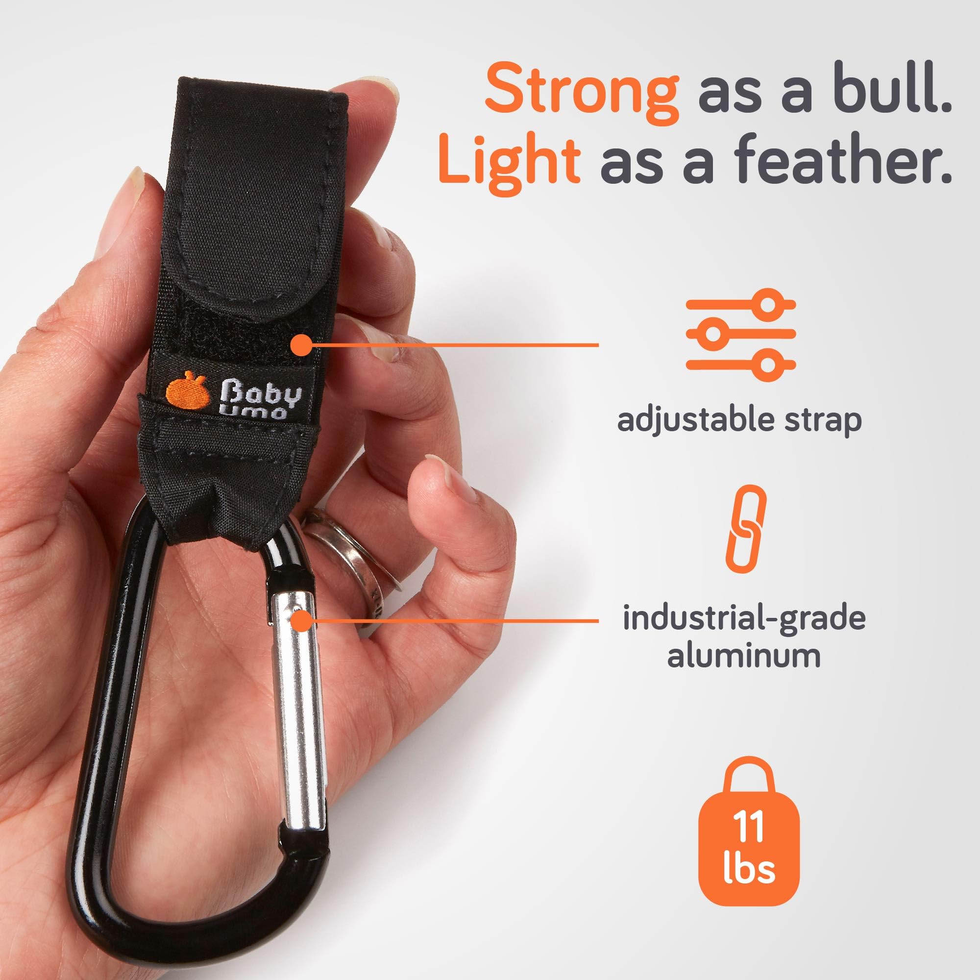 Baby Uma aluminum clips offer sturdy support for bags.