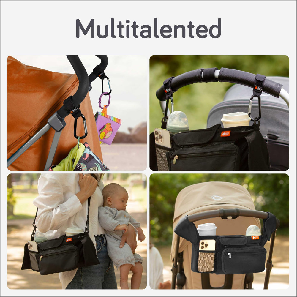 Baby Uma stroller hooks with carabiners secure multiple bags.