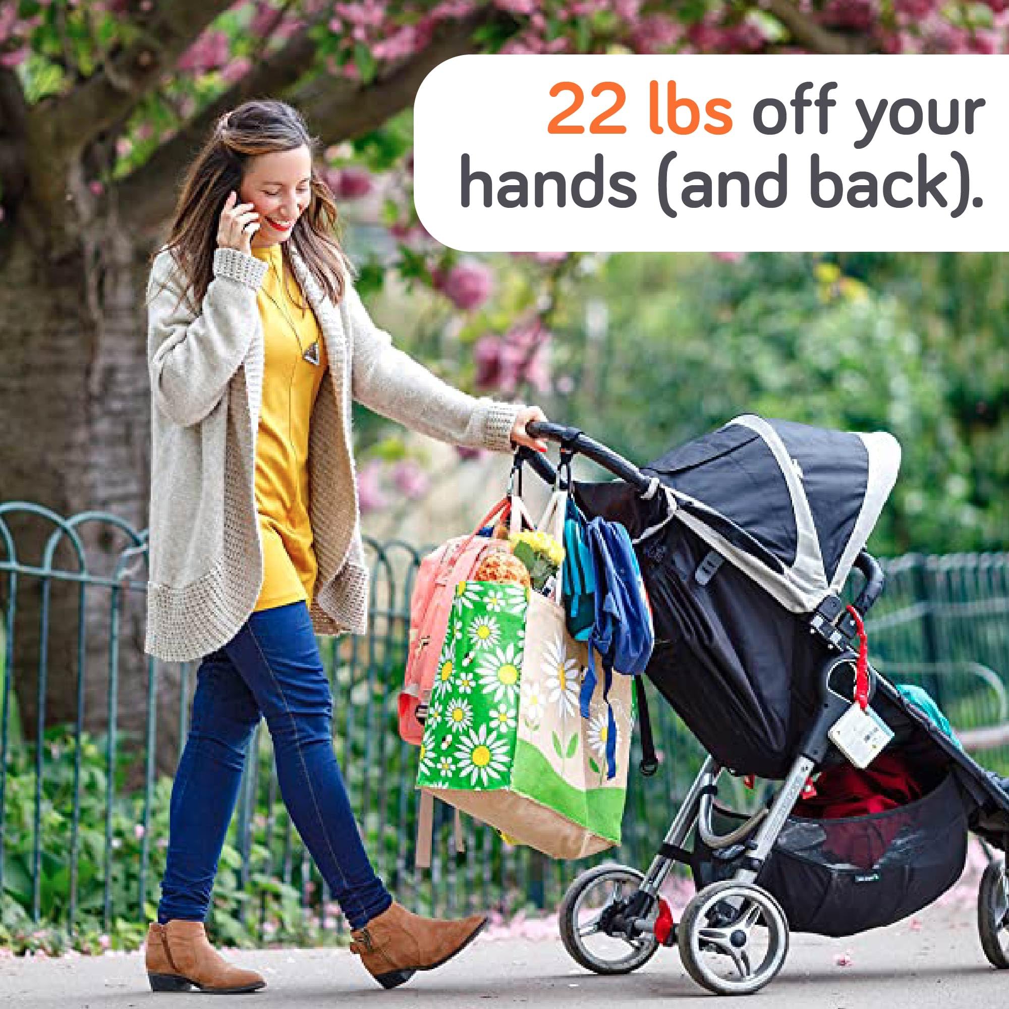 Baby Uma hooks carry four bags for errands.