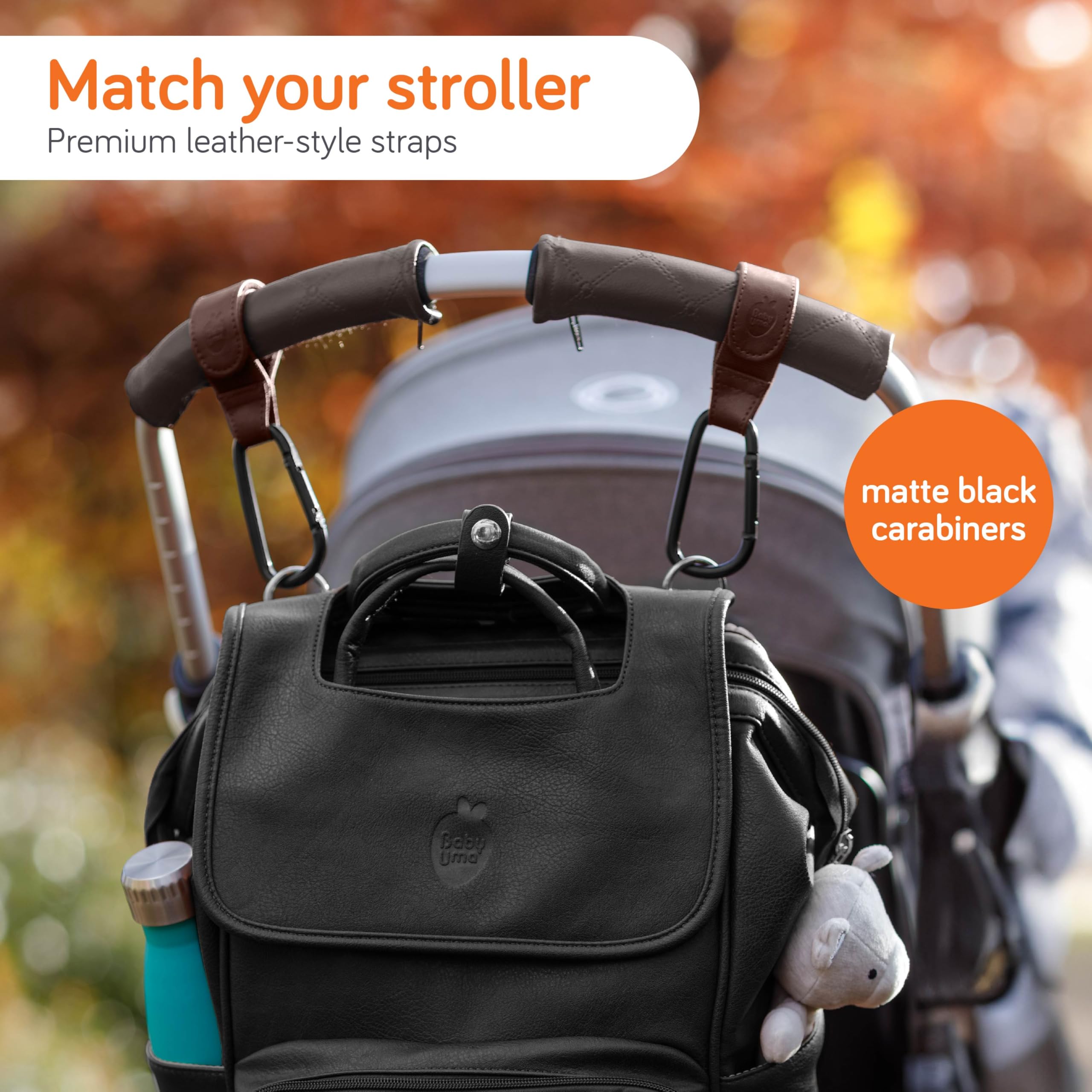 Baby Uma stroller hook clip with carabiner demonstrates 11 lb capacity.