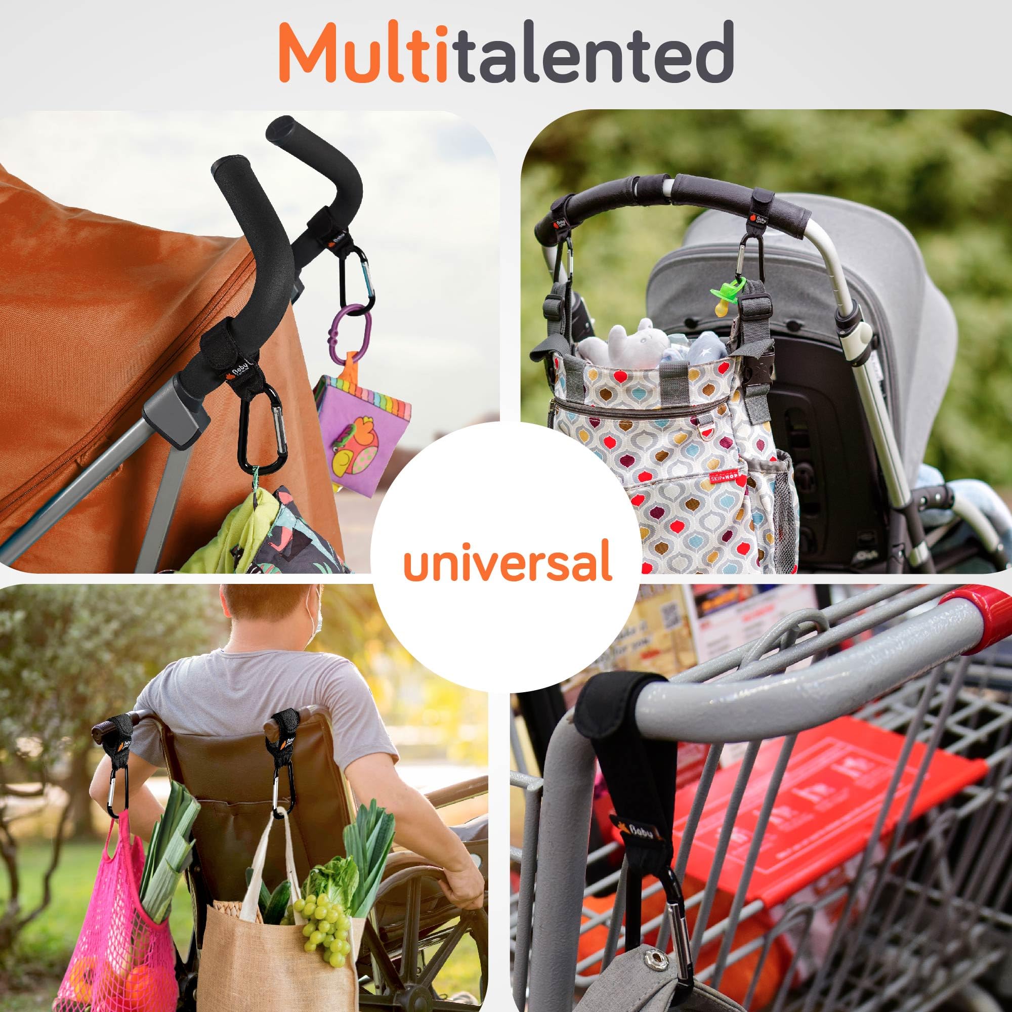 Baby Uma diaper bag clip keeps essentials within reach.